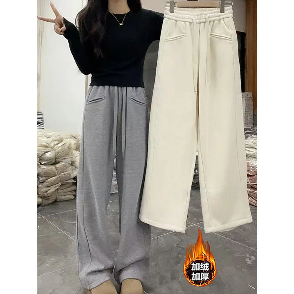 欧货2025年秋冬新款松紧腰抽绳直筒裤女宽松显瘦百搭休闲阔腿裤子
