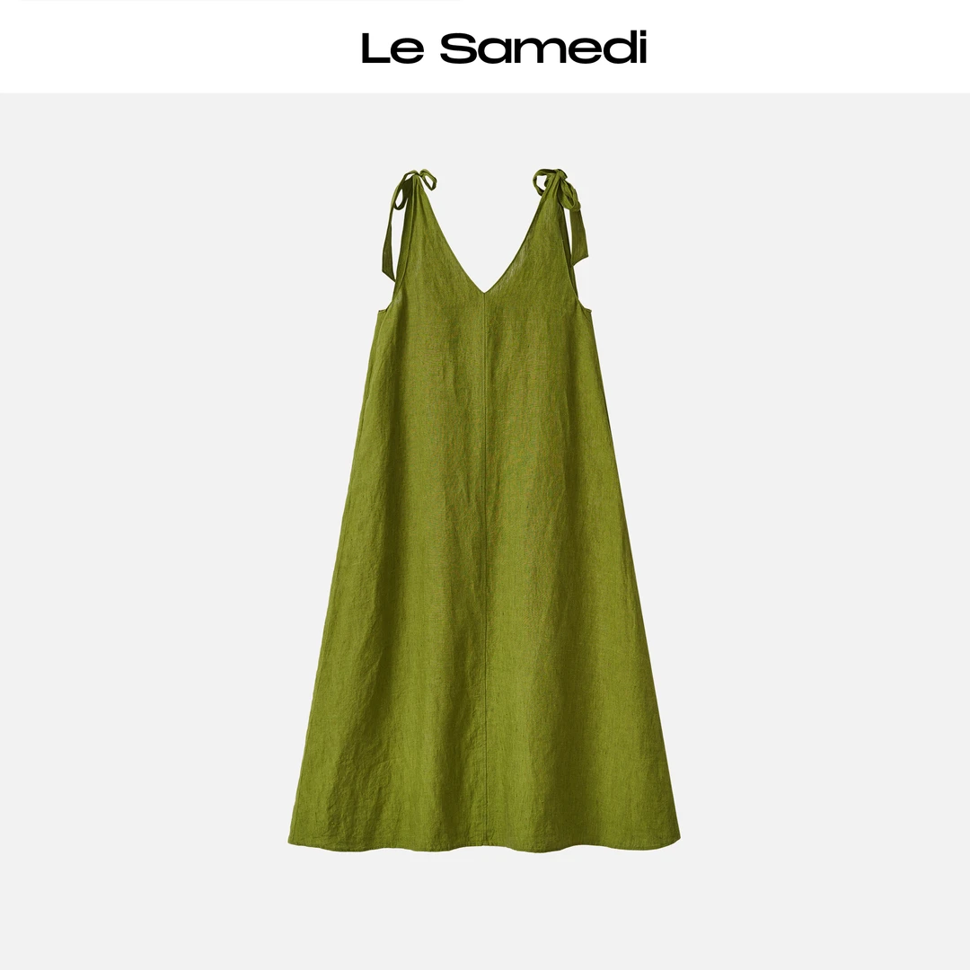 Le Samedi【一叶青茗】绿意苔藓系 无袖绑带 自然系亚麻V领连衣裙
