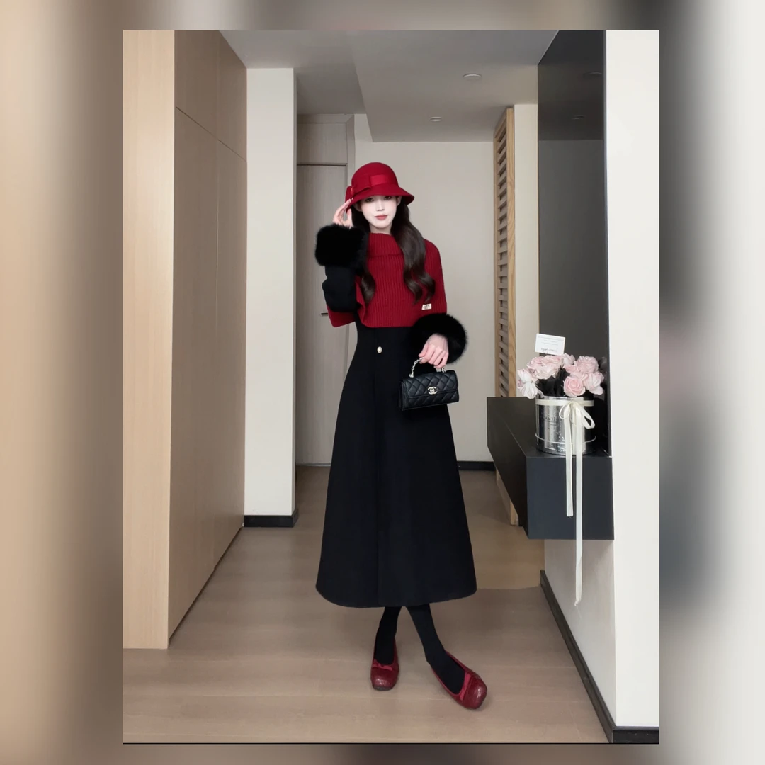 松本丧丧黑红披肩款棉服冬季袖口毛绒韩系保暖长款外套B254N0037