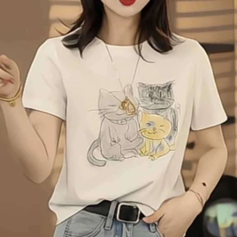 正肩猫咪短袖t恤2025新款爆款夏季超好看独特漂亮女装上衣 83112