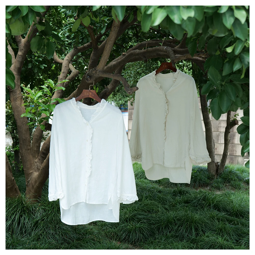 原创自制 细支汉麻浪漫喇叭袖荷叶边衬衫防晒外套长袖罩衫宽松
