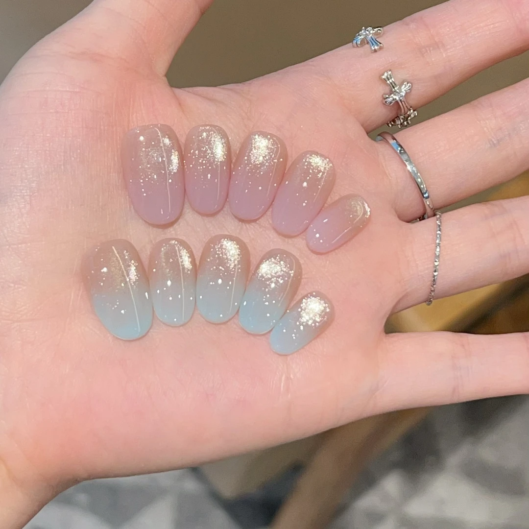 【葡萄奶绿】冰晶猫眼手绘法式纯手工穿戴甲款带盒子工具包