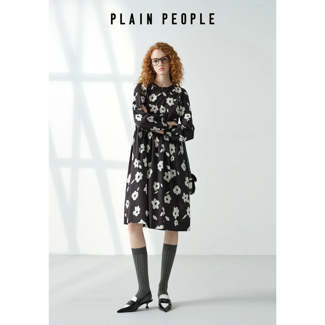 PLAIN PEOPLE法式复古印花连衣裙女2025秋季款简约圆领长袖裙子