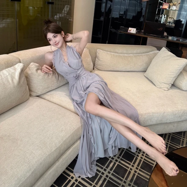 FAY【紫霞仙子】夏日木耳边仙气飘飘开叉长款连衣裙