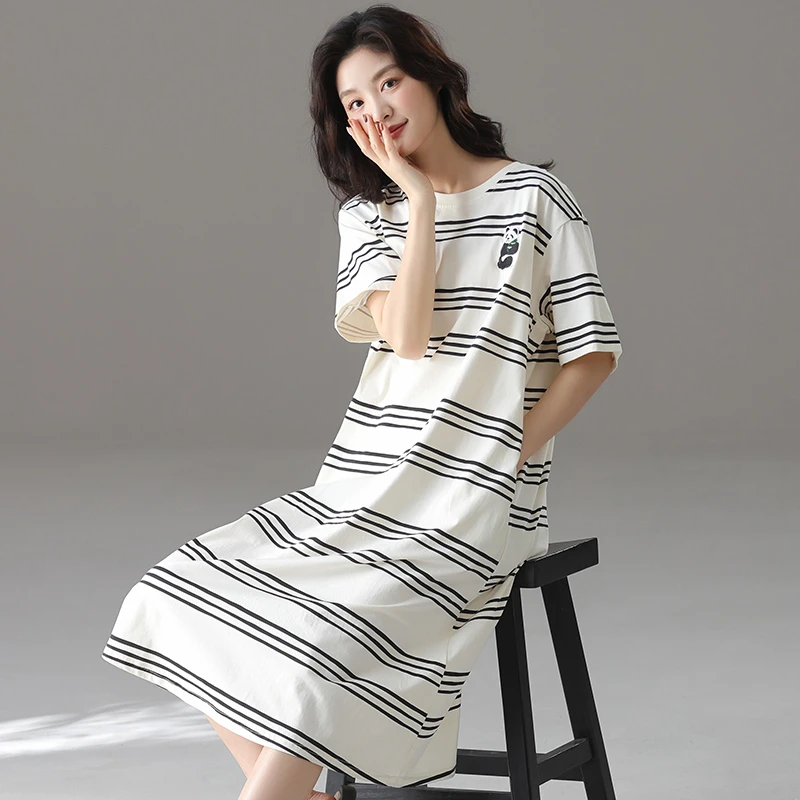 2025新款莉莉女士睡衣纯棉短袖圆领睡裙条纹熊猫睡衣家居服可外穿