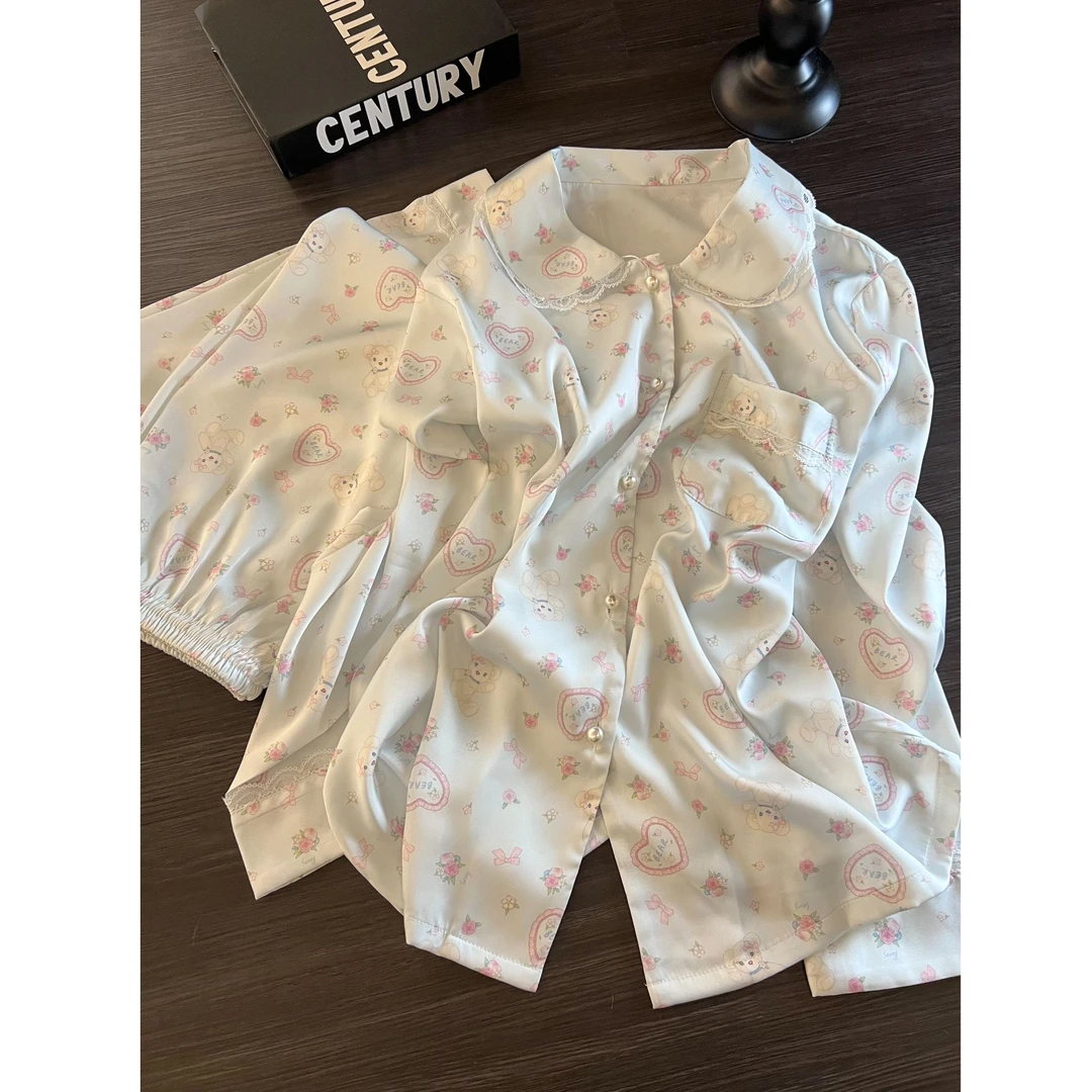 韩系可爱碎花爱心小熊印花蕾丝边睡衣女春秋新款大码家居套装外穿