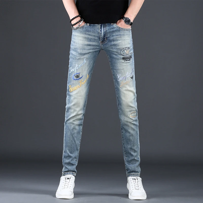 男士春夏新款刺绣牛仔裤男款潮流潮牌弹力修身小脚休闲百搭长裤子