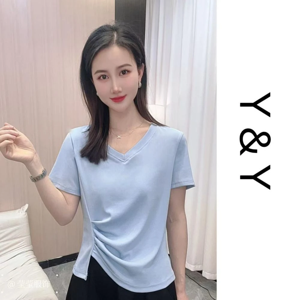 2025年夏季新款不规则褶皱设计感短袖T恤修身显瘦洋气百搭上衣
