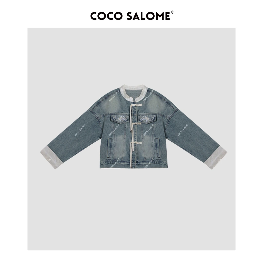 韩彬彬CS"国风牛仔"春季国风盘扣复古刺绣夹克牛仔外套V903-(14)