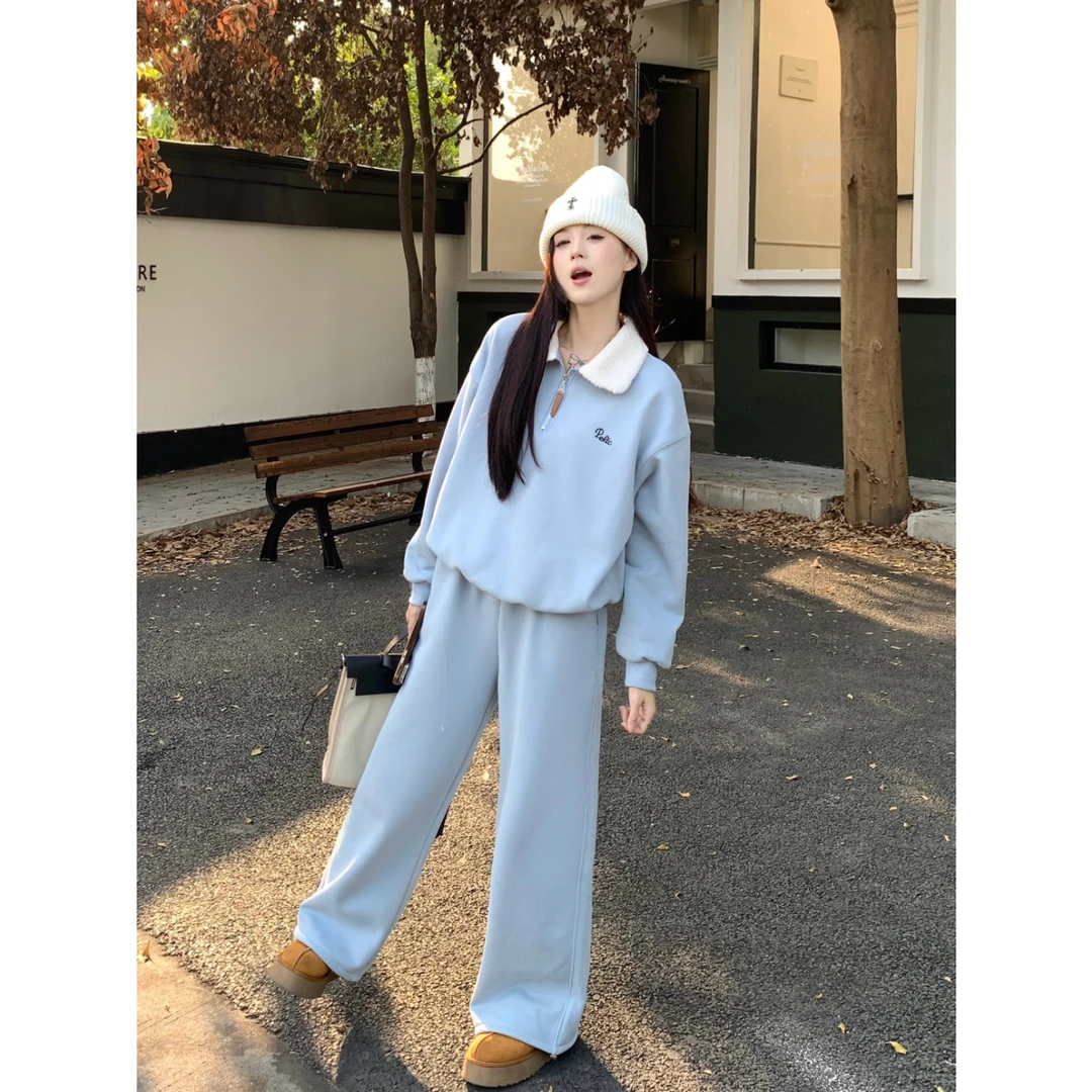 2025秋冬新款加绒刺绣毛绒翻领卫衣套装休闲阔腿裤两件套女