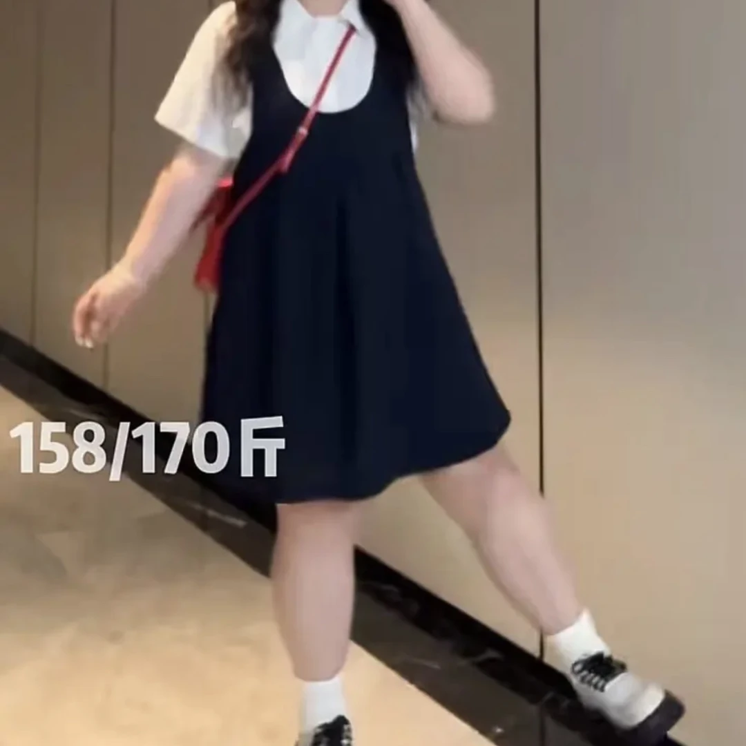 大码微胖学院风白色短袖衬衫背带裙休闲百搭两件套