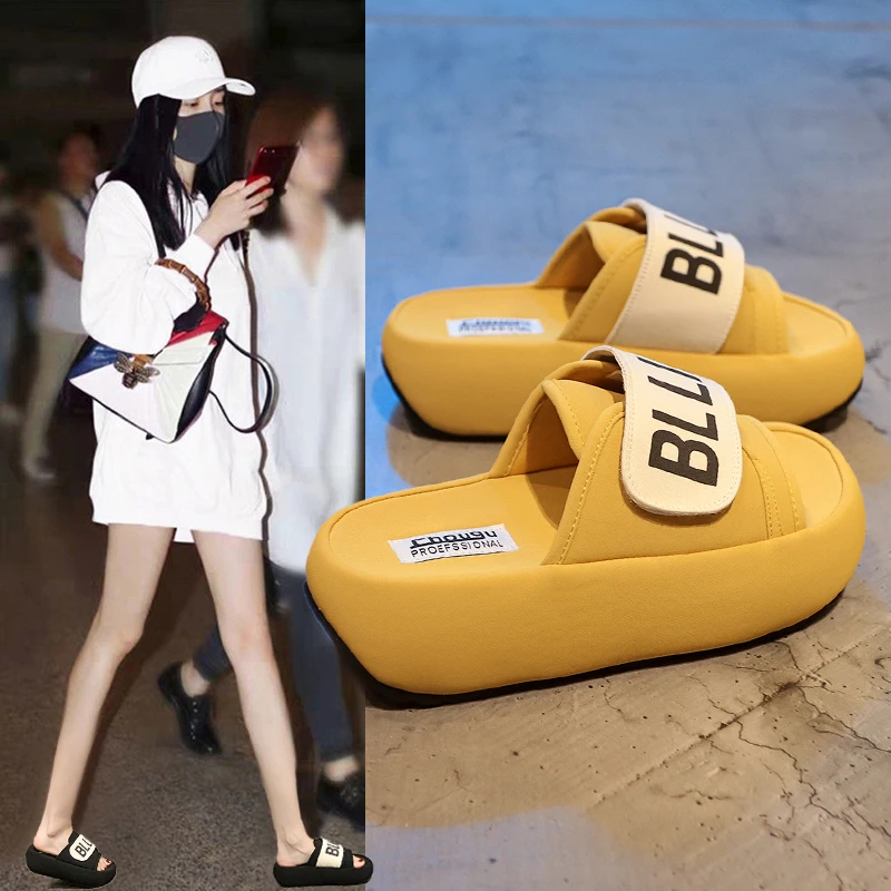 厚底一字拖鞋女夏外穿2025新款夏季配裙子魔术贴休闲懒人沙滩凉拖