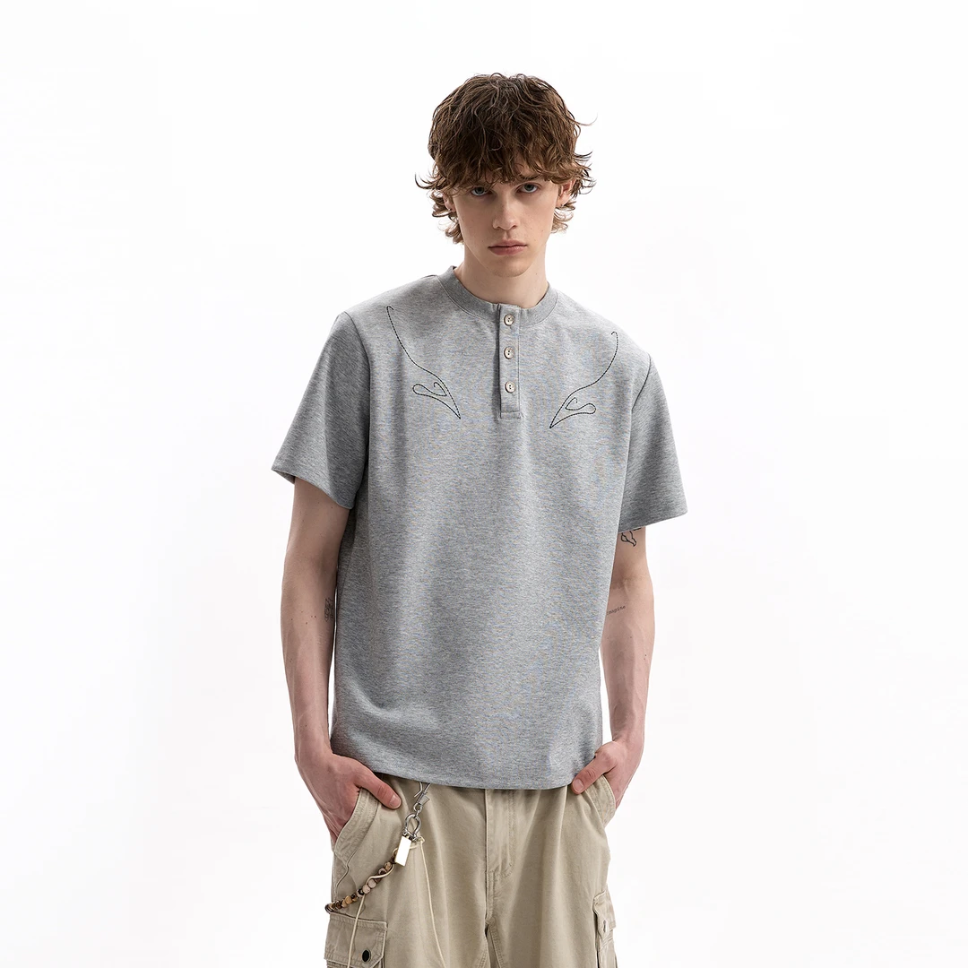 A PUEE美式复古老钱风亨利领刺绣短袖T恤boxy版型正肩百搭上衣夏