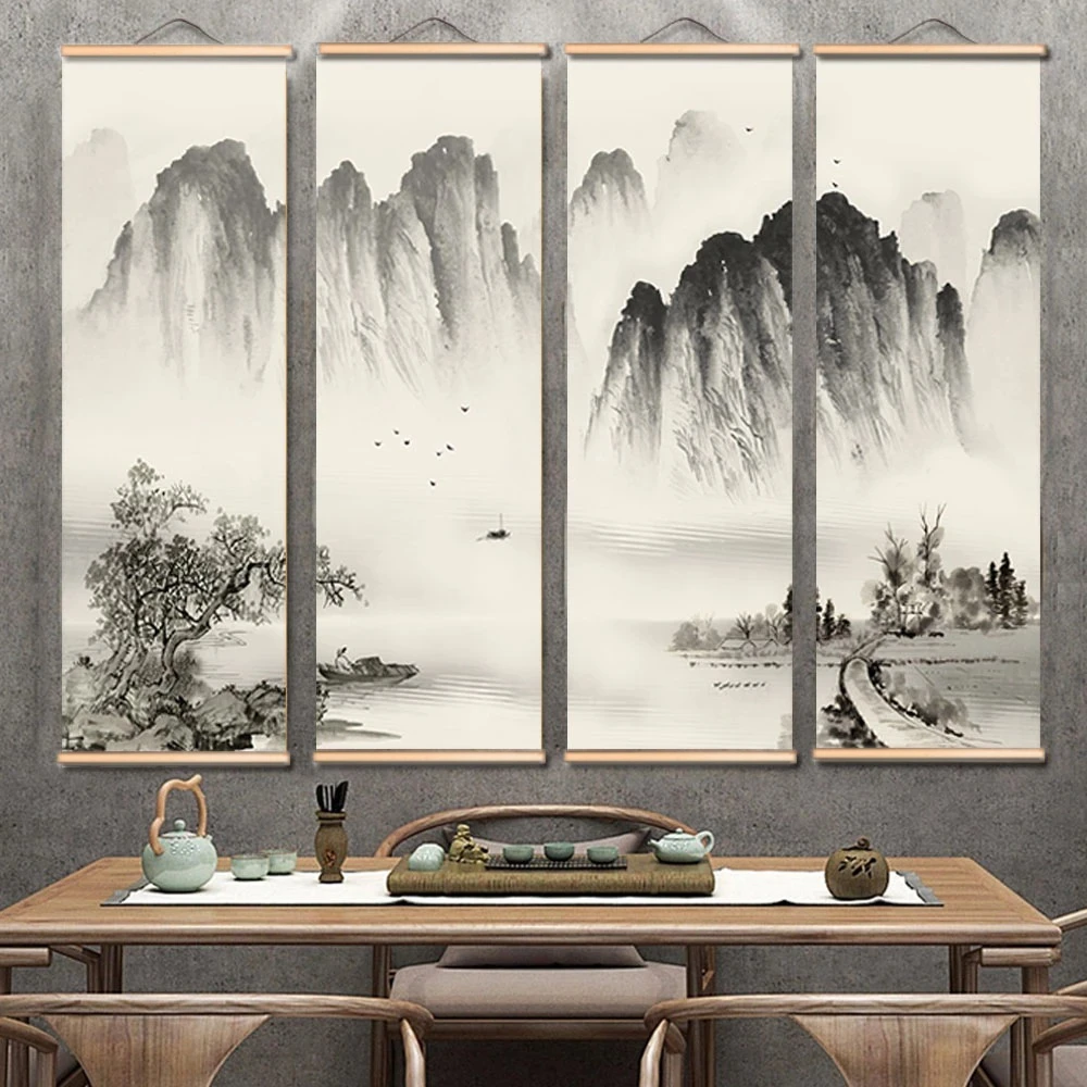 刺绣绝美山水风景装饰卷轴画实木挂画客厅沙发背景墙千里江山图办