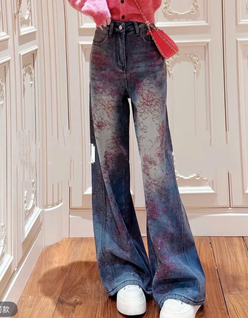 淑雅阁服饰  高腰长裤印花牛仔裤直筒裤5301