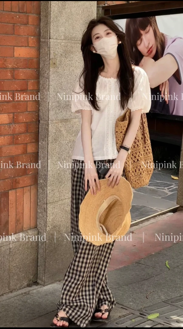 【Lili&Yi】韩版小清新棉麻短袖衬衫INS风减龄百搭花苞袖衬衫