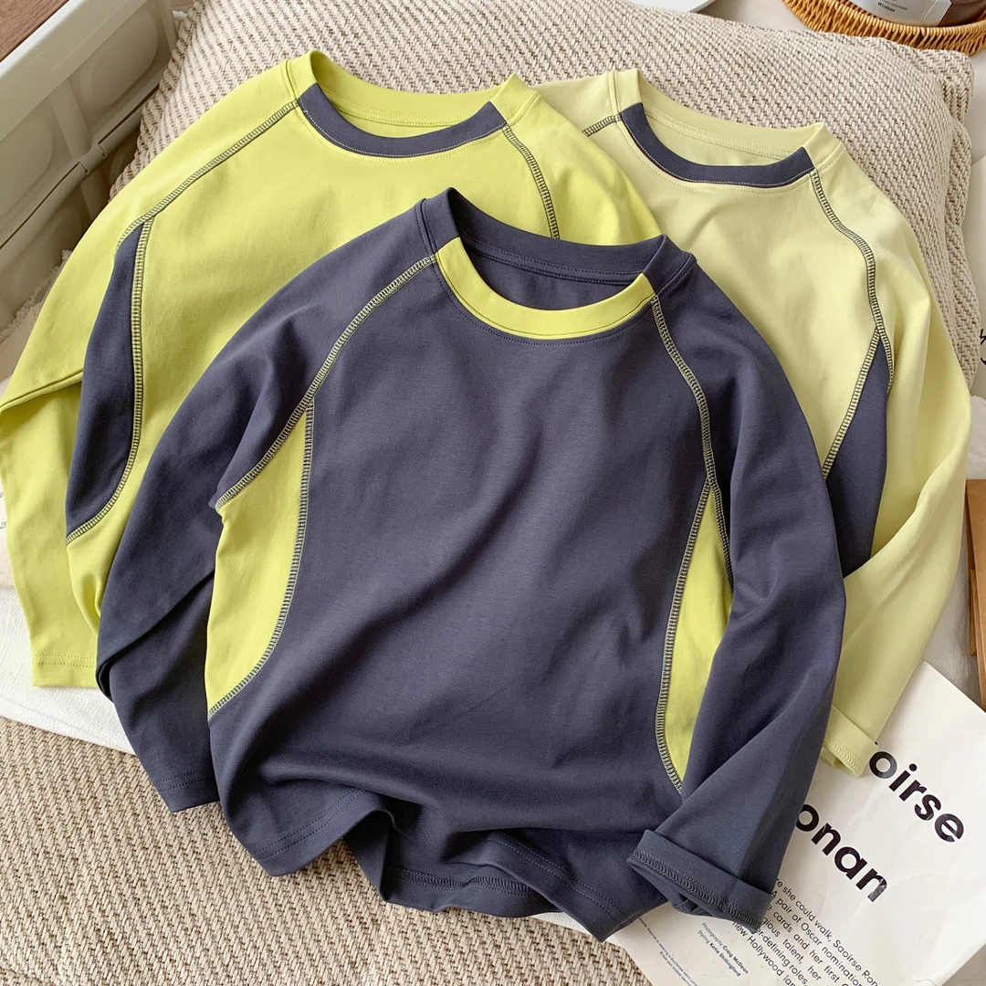 男童长袖T恤2025秋季新款儿童圆领撞色拼接长袖宝宝打底衫