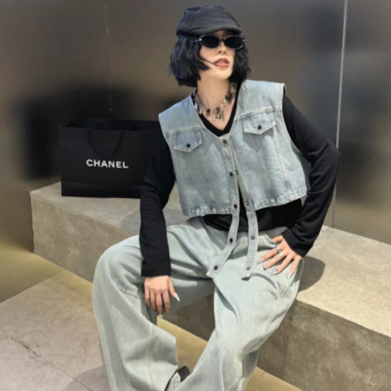 深圳7692仿牛仔假两件套时尚洋气宽松显瘦