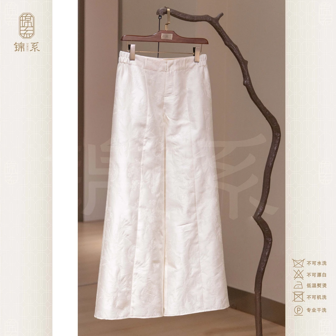 【锦系】丝毛提花新中式国风桑蚕丝两侧松紧腰阔腿裤K-383314