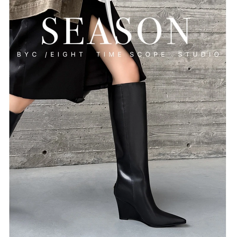 米娜同款~极简轻奢~尖头坡跟高跟大筒围宽筒长靴真皮不过膝高筒靴
