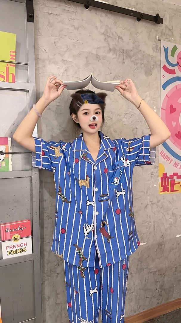 夏季情侣睡衣蓝白小狗三件套短袖短裤长裤卡通可爱可外穿家居服