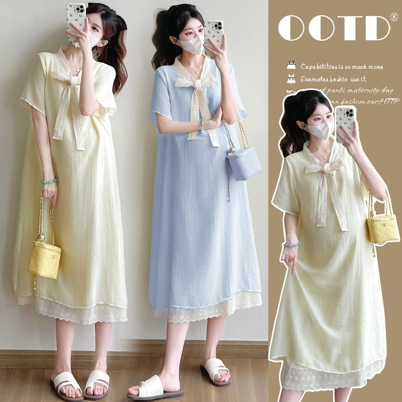 2025夏季新款法式蕾丝设计感宽松显瘦休闲百搭中长款孕妇连衣裙