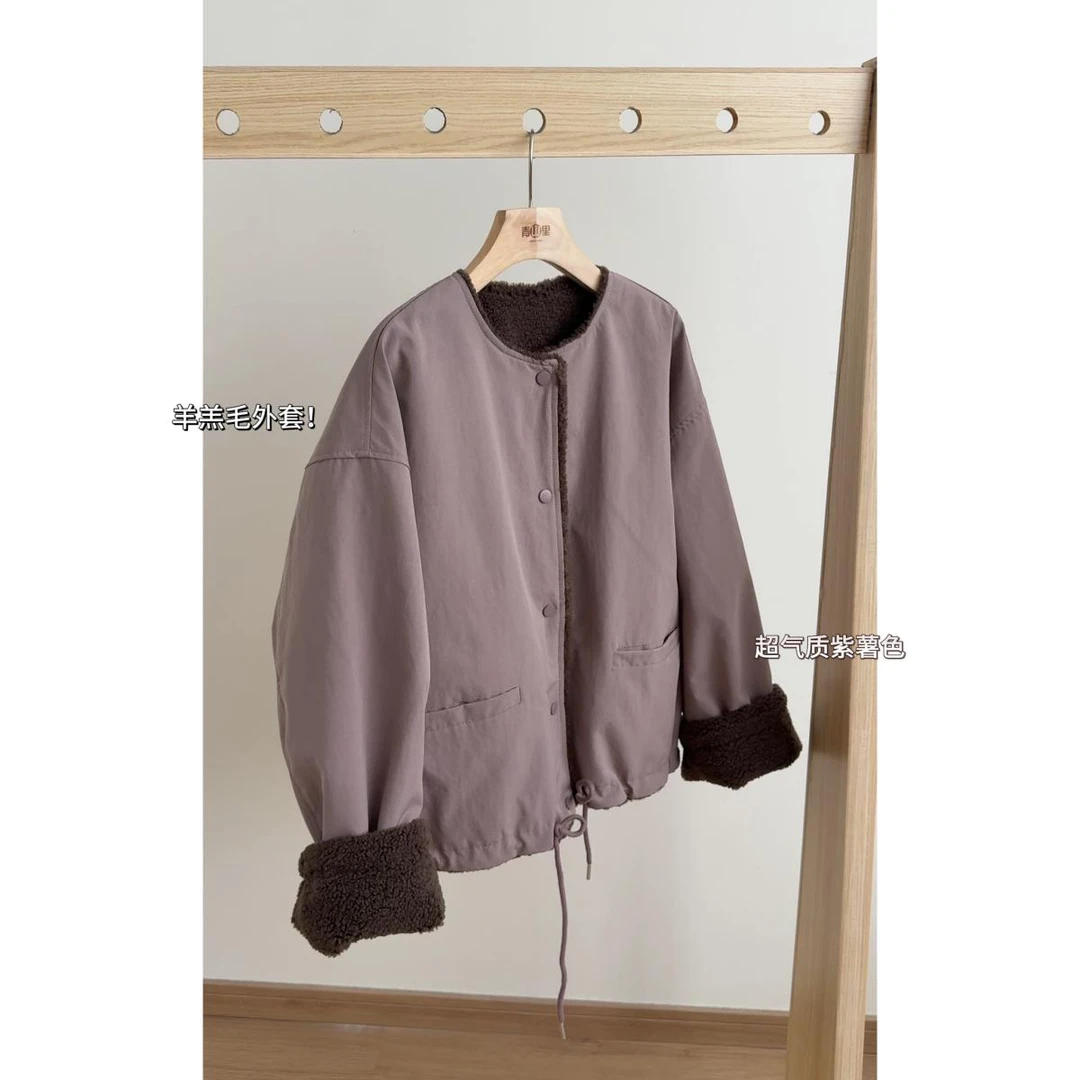 P0741-韩版25秋新款时尚设计感圆领单排扣宽松百搭羔毛短款外套女