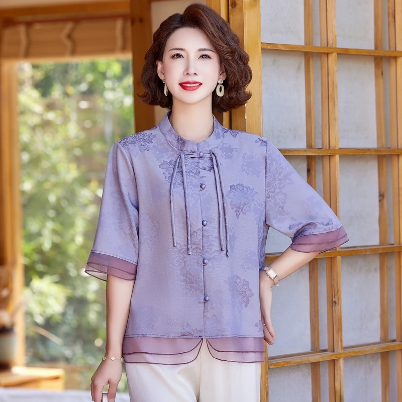 妈妈夏装新中式衬衫中老年女装2025新款时尚洋气夏季大码国风小衫