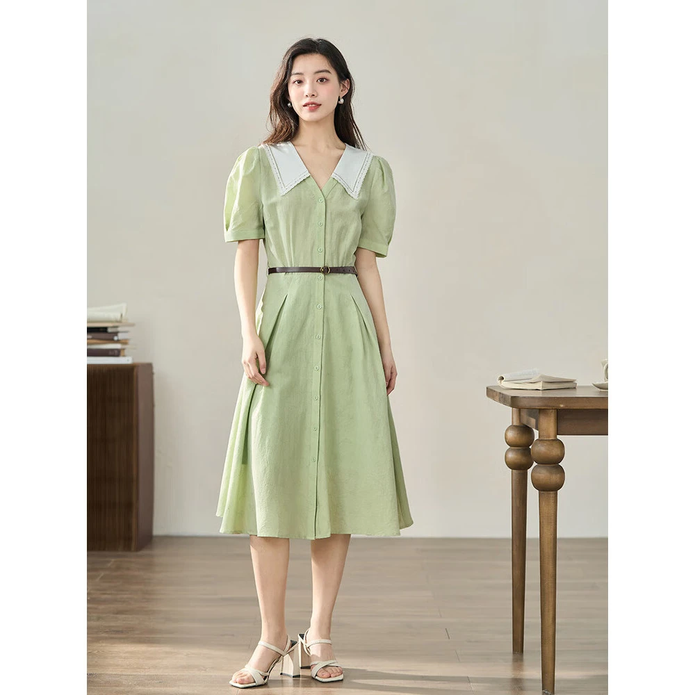 【商场同款】茵曼夏季女连衣裙长裙显瘦女装新款衬衫女士短袖小个子