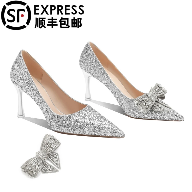 轻奢银色水晶亮片高跟鞋女2025新款水钻蝴蝶结婚鞋尖头细跟新娘鞋