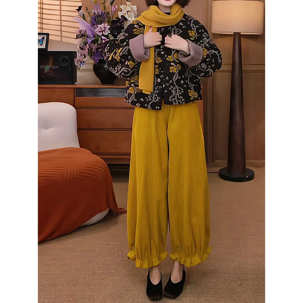 2025秋冬新款百搭花苞休闲裤女小个子宽松显瘦灯芯绒木耳九分裤