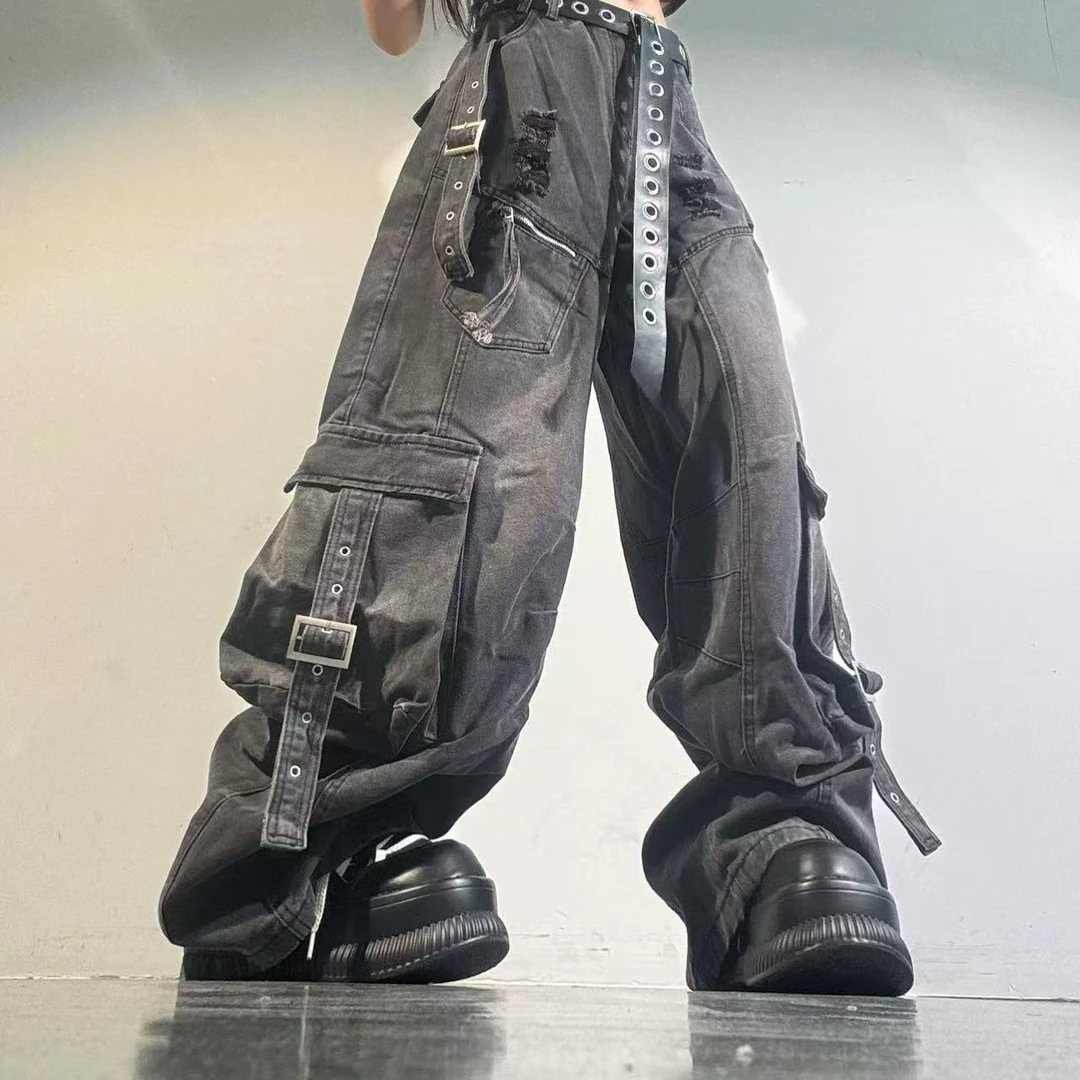 美式高街重工多口袋破洞飘带设计感直筒牛仔裤男女工装裤