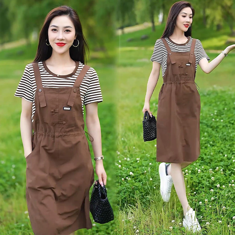 高含棉时尚休闲假两件连衣裙女2025年夏季新款百搭宽松洋气背带裙