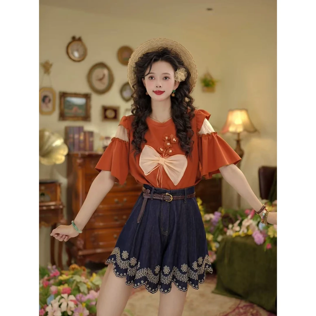 扣子家【花开半夏】港风复古圆领花朵T恤女宽松休闲上衣KK0725475