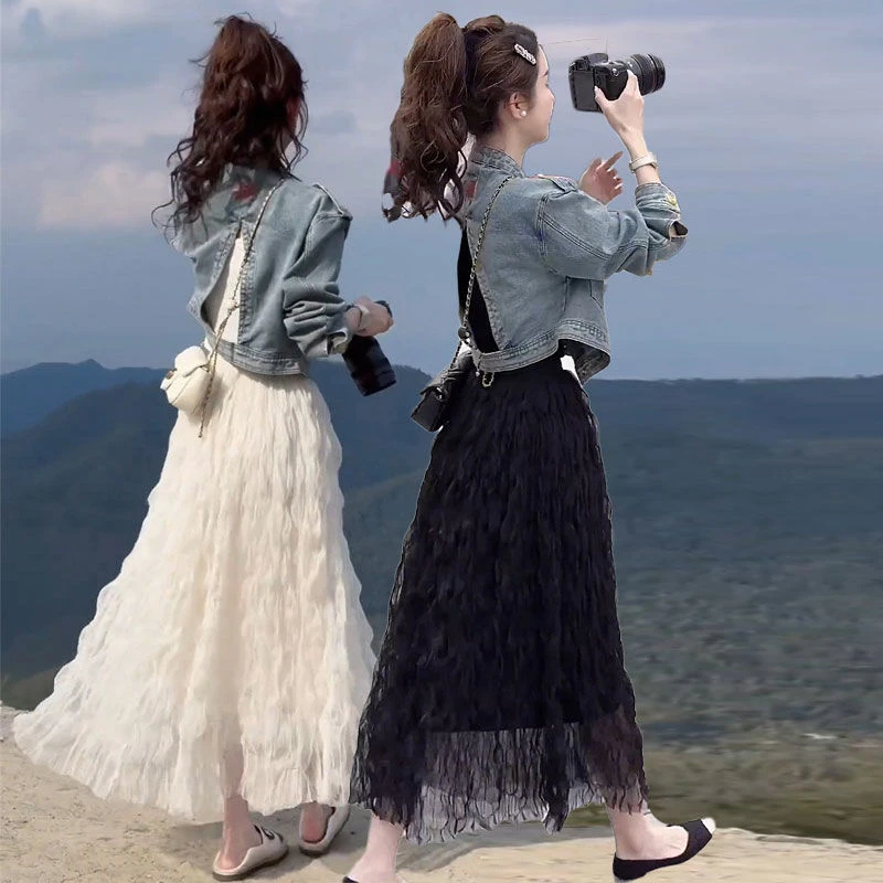 气质春秋牛仔外套配长裙子套装2025新款女装春款减龄洋气两件套