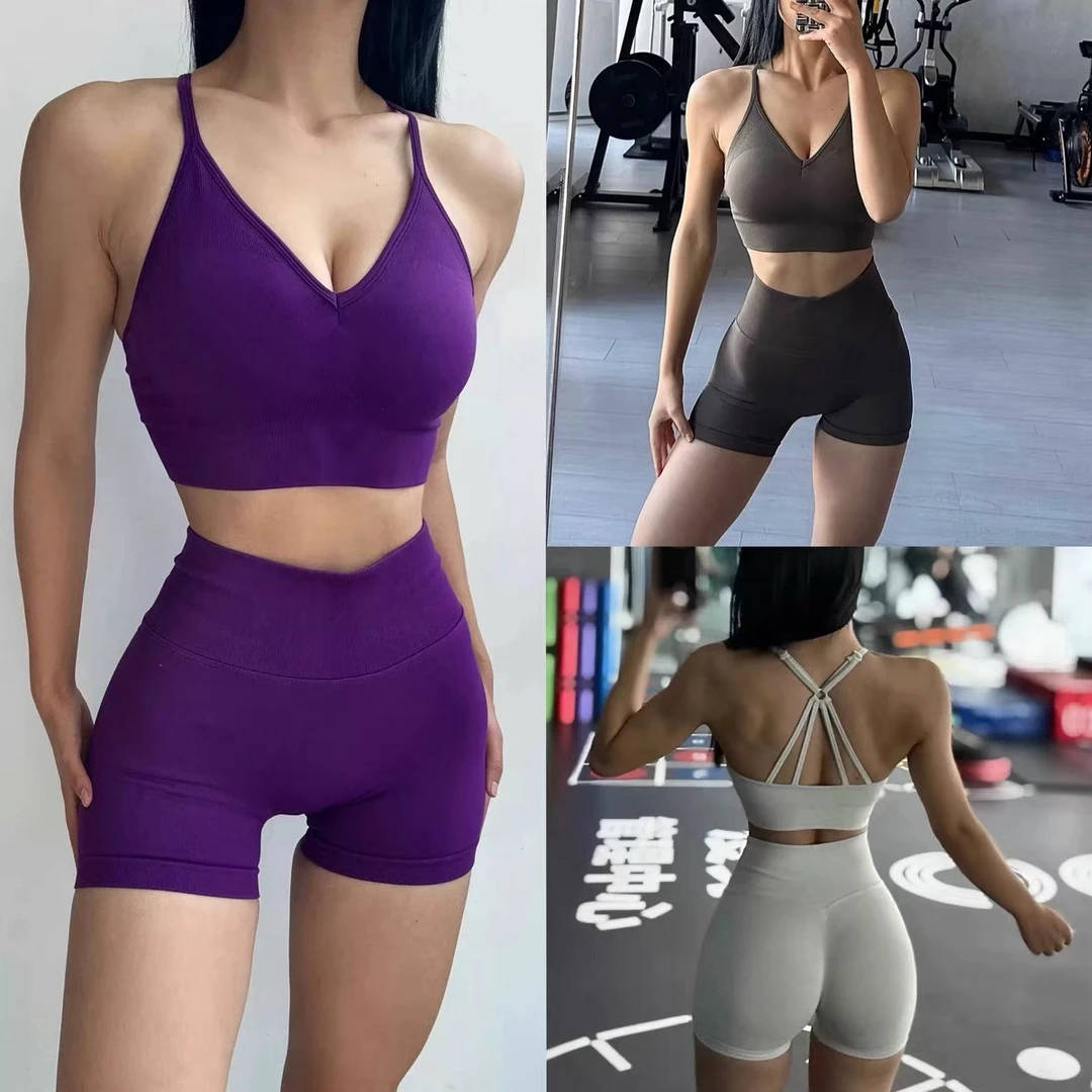 新品高腰健身套装吊带美背文胸瑜伽服女速干运动训练提臀三分短裤