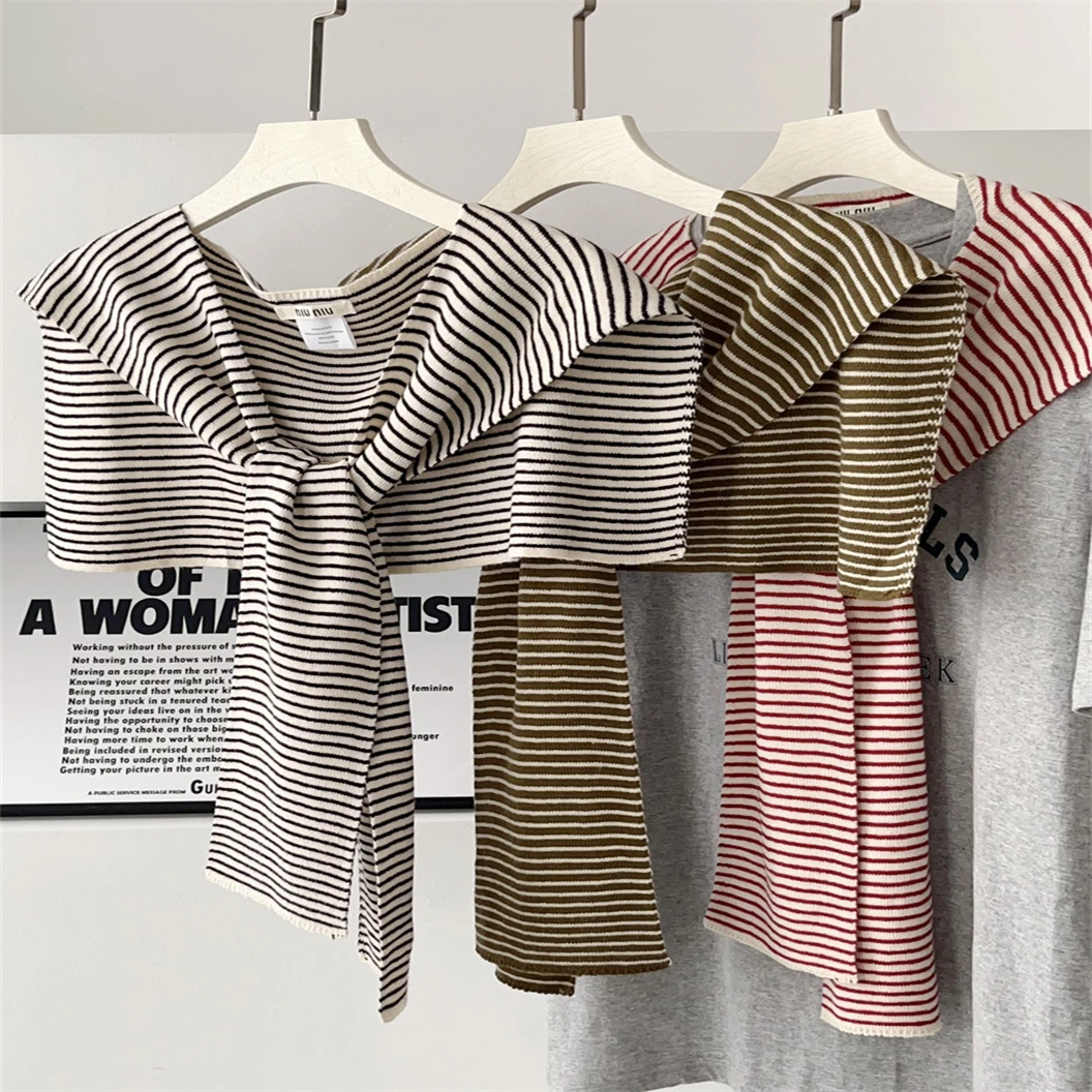 2025夏季新款条纹针织打结披肩女韩版时尚气质百搭薄款外搭假领子