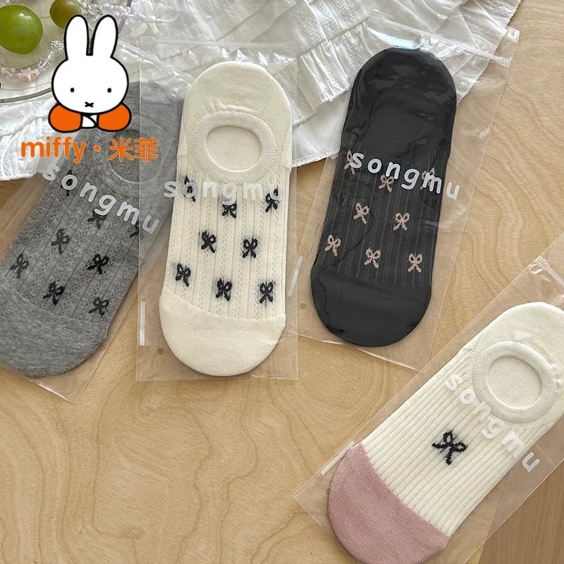 MIFFY/米菲蝴蝶结袜子女灰色船袜浅口隐形袜夏薄款硅胶防滑不掉跟