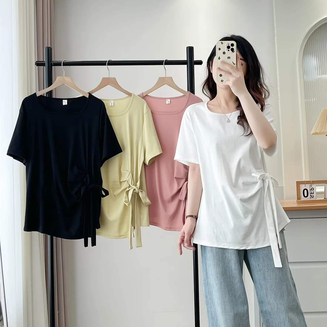 胖mm大码女装新款设计感不规则飘带短袖T恤上衣宽松显瘦加宽加大