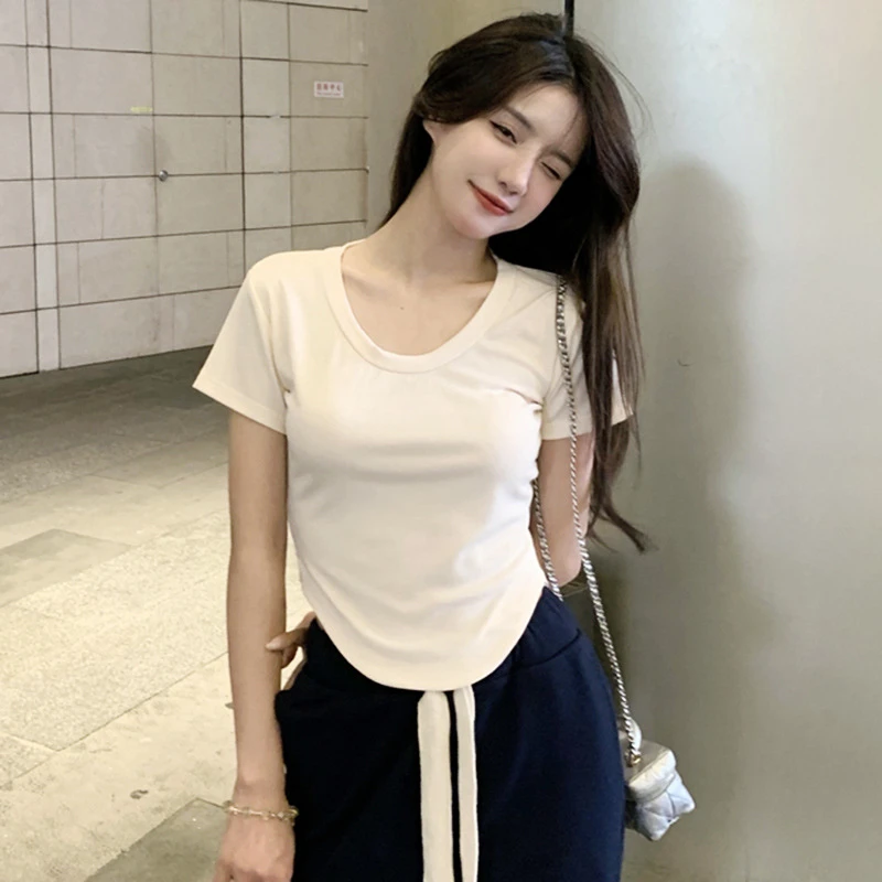 白色短袖打底衫热辣风t恤女装春夏季新款显瘦修身辣妹正肩上衣女