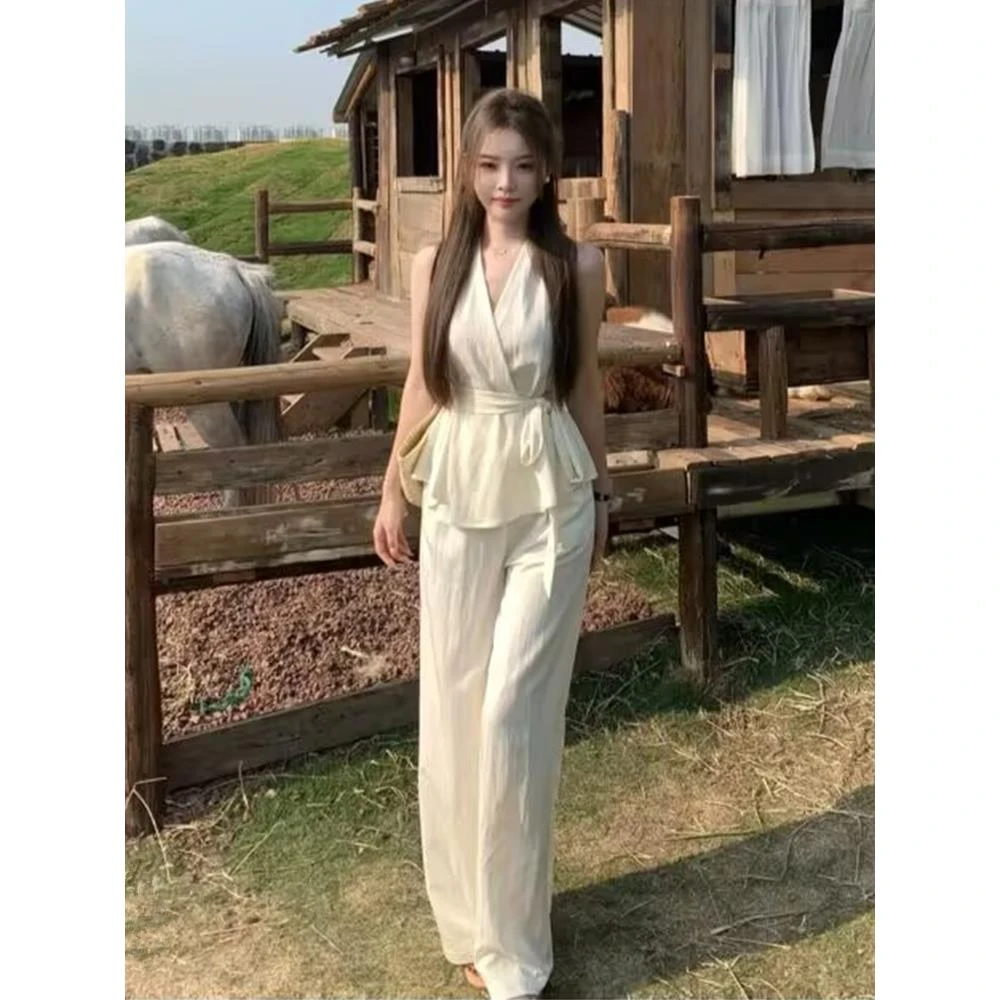 欧货气质时尚休闲套装女夏季高级感显瘦无袖衬衫上衣阔腿裤两件套