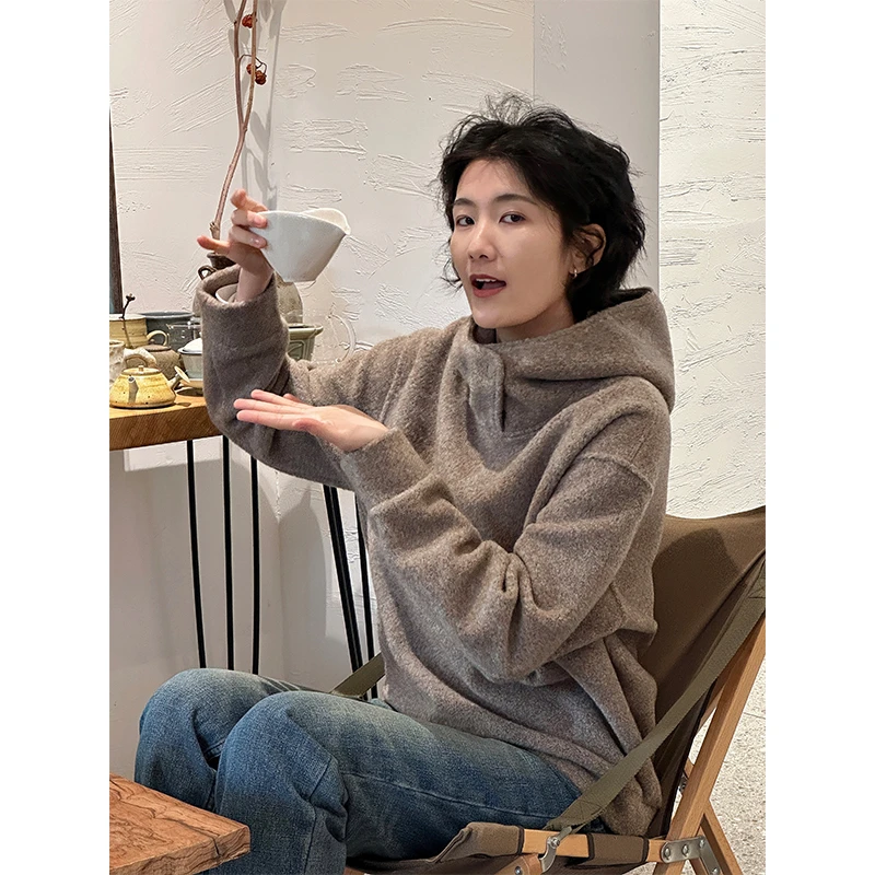 LANGQING 连帽宽松加厚套头保暖长袖驼色舒适卫衣43294#