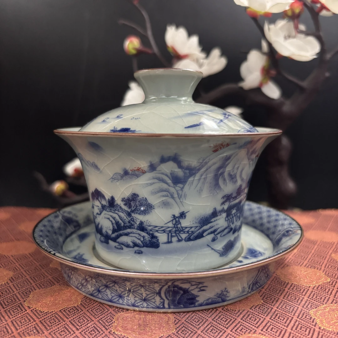 景德镇陶瓷茶具焱匠堂万里山川三才马蹄盖碗山水釉下彩青花釉里红