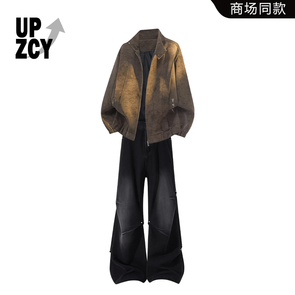 UPZCY美式潮流皮衣夹克套装男款秋冬季宽松痞帅褶皱牛仔裤两件套