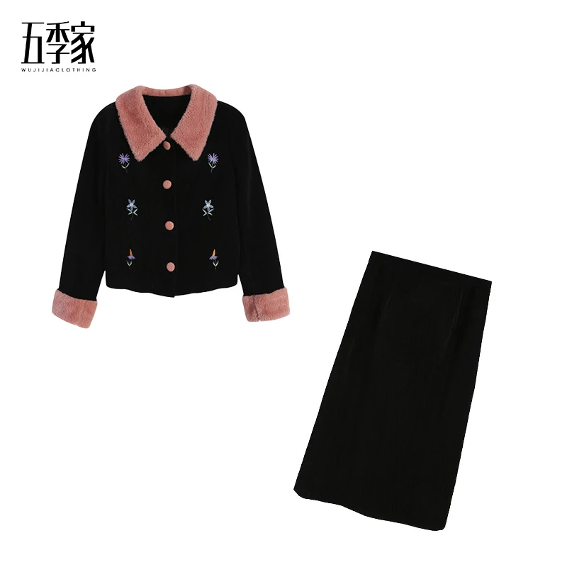 黑色羽绒上衣+黑色长半裙两件套ZL113545