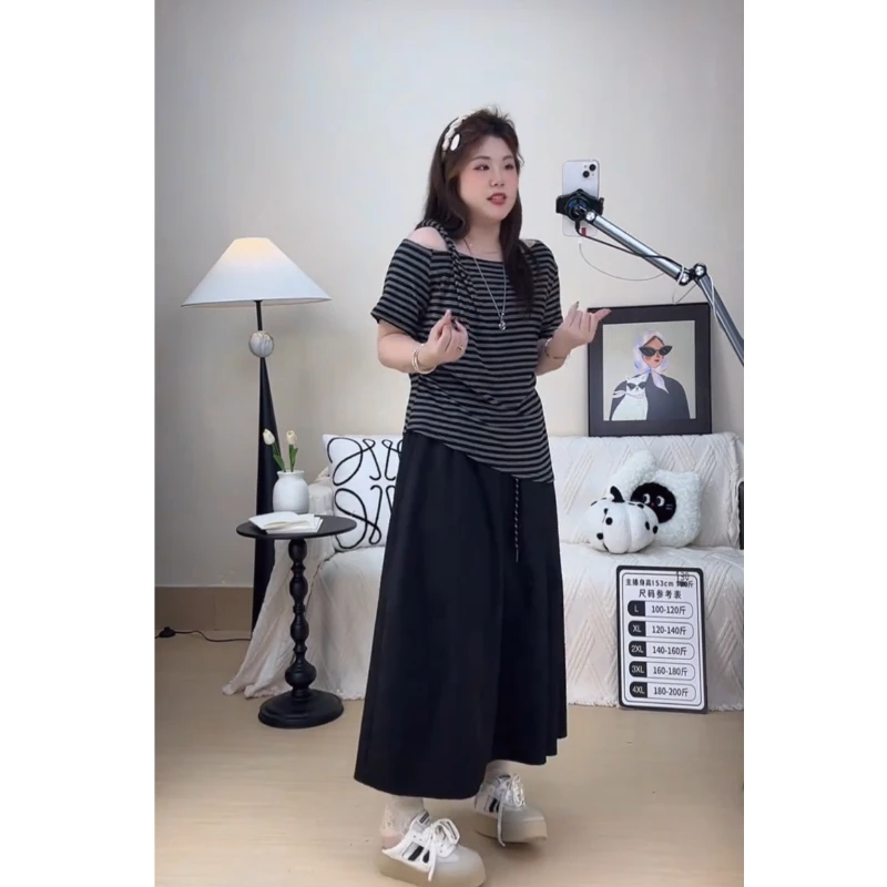 2025夏季新款夏装大码胖mm女装斜领露肩条纹修身上衣辣妹短袖T恤