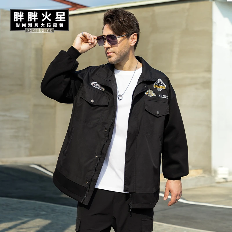 胖胖火星大码男装美式徽章工装立领夹克拼接假两件宽松休闲外套春