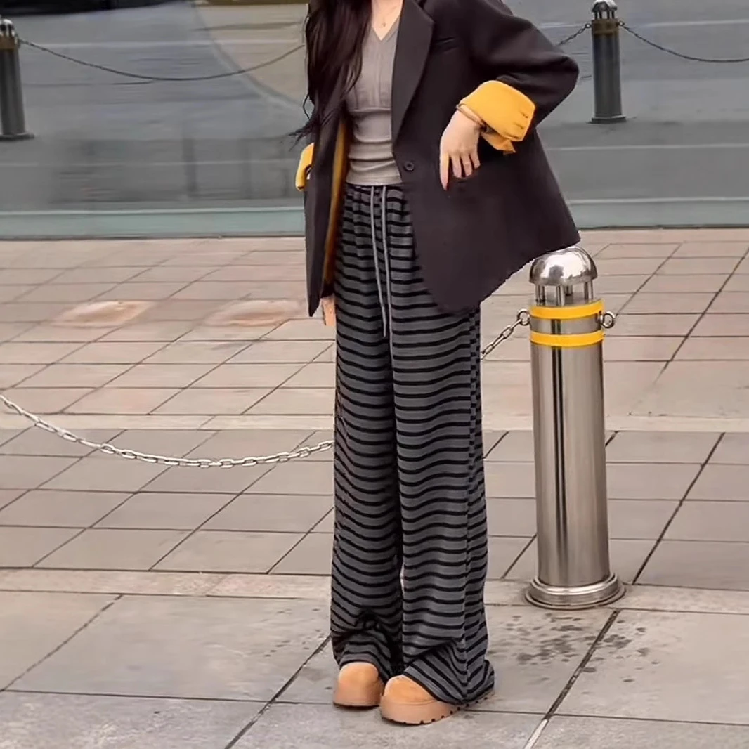 显瘦阔腿裤直筒休闲宽松条纹高腰拖地长裤2025夏季时尚慵懒风欧美