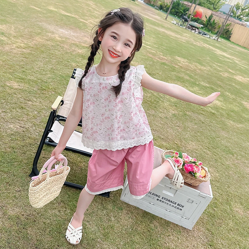 2025夏季女童新款碎花飞袖棉布套装韩版女宝宝薄款休闲短裤两件套