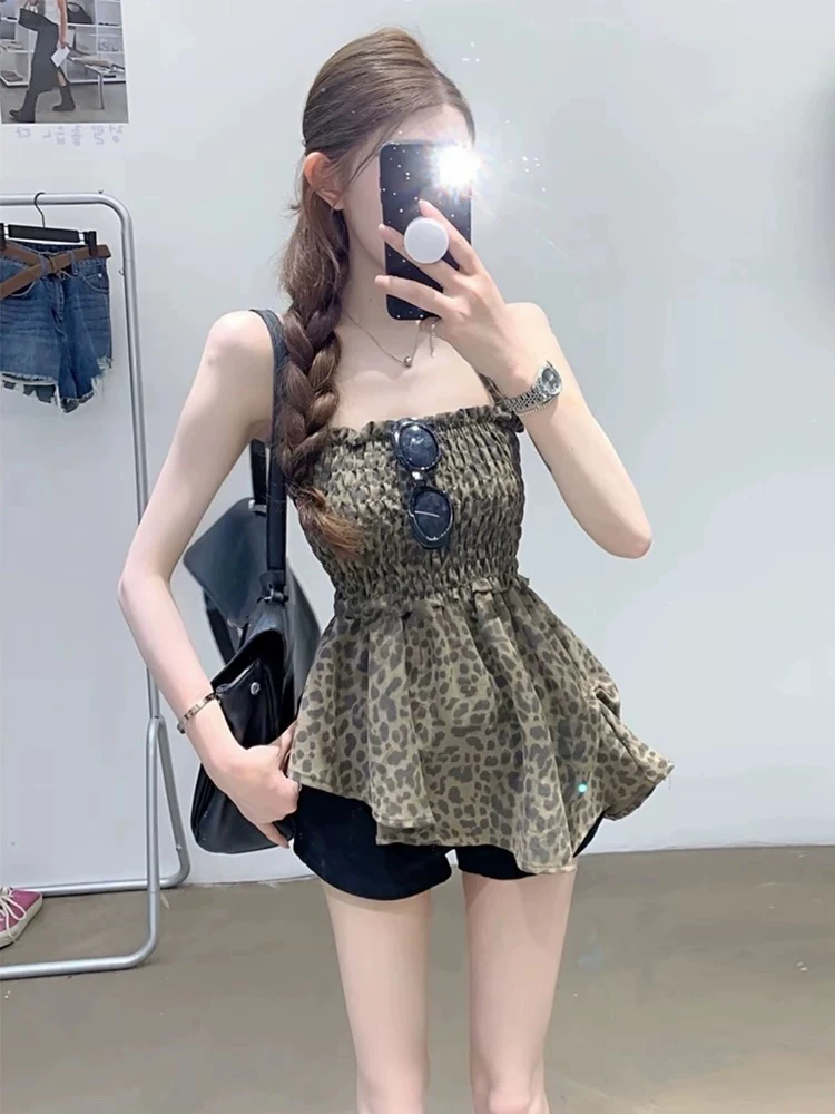 依依家大码女装3136夏季新款时尚百搭显瘦豹纹不规则吊带背心女